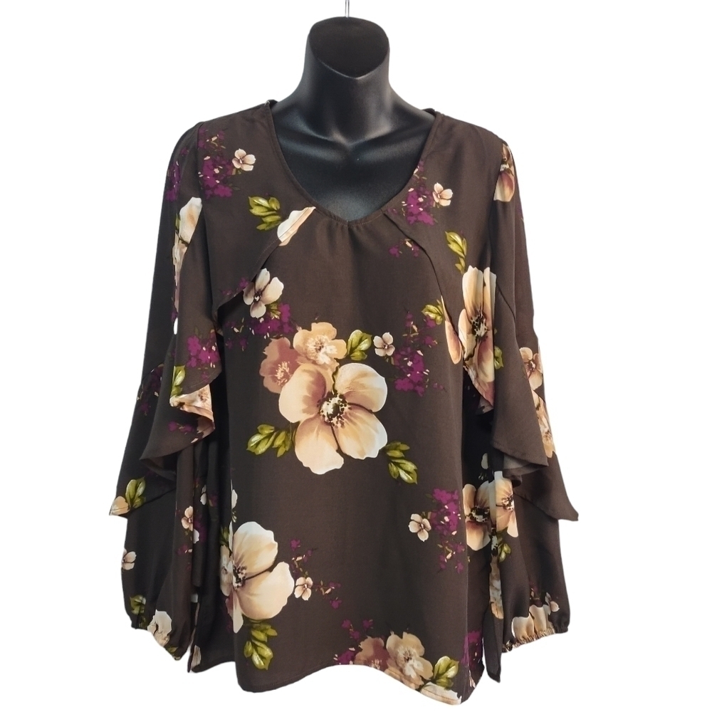 Oddy Women's Brown with Floral Print Ruffle Sleeves Top Blouse Size M